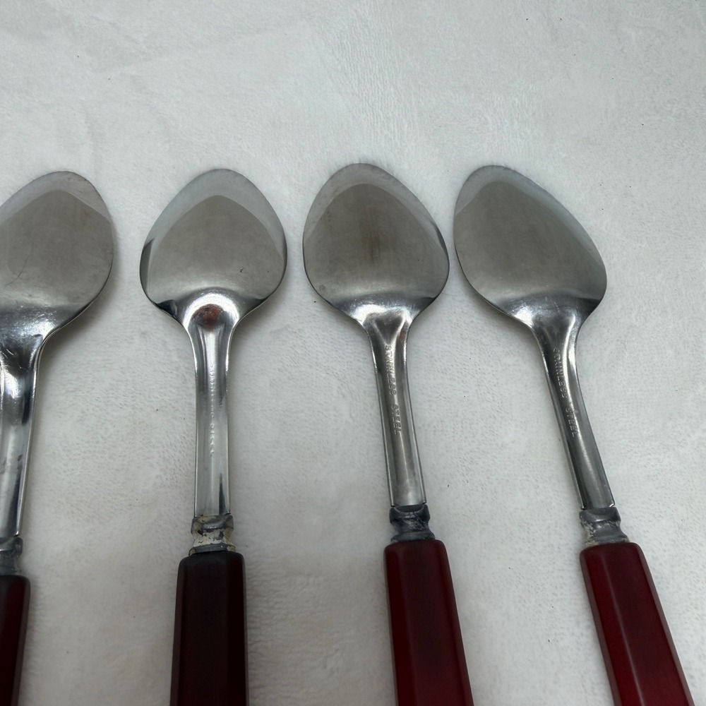 VTG Red Bakelite Handle Stainless Steel Spoons Set of 5 Mid-Century Art Deco - Picture 12 of 14